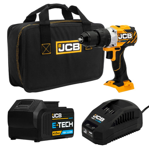 JCB 18V 65Nm Brushless Combi Drill, 4.0Ah Li-ion Battery and 2.4Ah Charger Kit, Variable Speed, 20+3 position & 13mm Keyless Chuck & Zipped Power Tool Bag