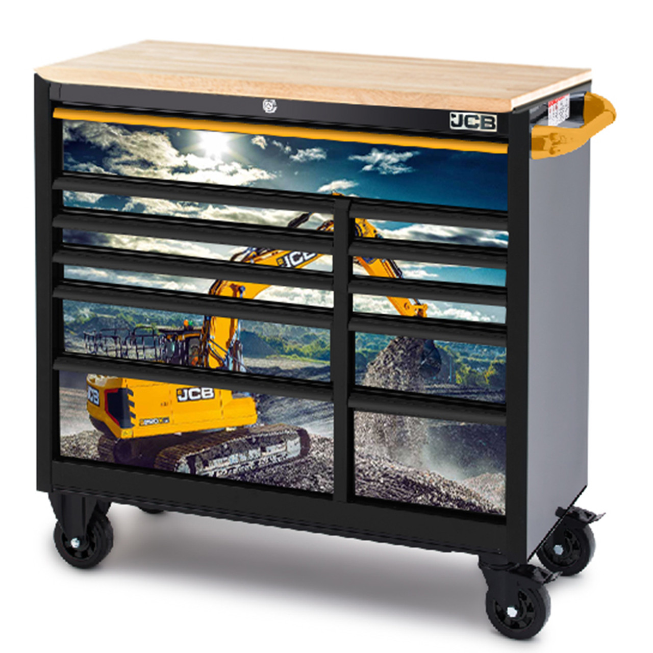 JCB 42’’ Roller Tool Cabinet, 11 Drawers, Steel with Hardwood Worktop and Excavator Wrap | JCBEXCRCBB