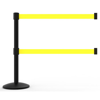 Banner Stakes 7' Dual Retractable Belt Barrier Set with Base, Black Post and Blank Yellow Belt - AL6104B-D