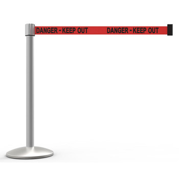 Banner Stakes 7' Retractable Belt Barrier Set with Base, Matte Post and Red "Danger - Keep Out" Belt - AL6106M