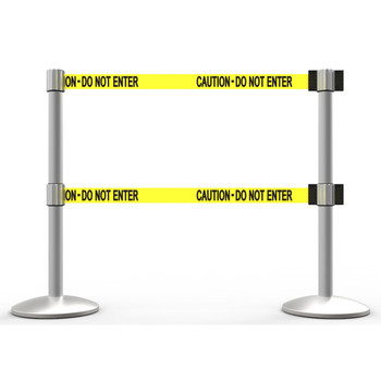 Banner Stakes 14' Dual Retractable Belt Barrier System with Bases, Matte Posts and Yellow "Caution - Do Not Enter" Belts - AL6202M-D