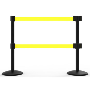 Banner Stakes 14' Dual Retractable Belt Barrier System with Bases, Black Posts and Blank Yellow Belts - AL6204B-D