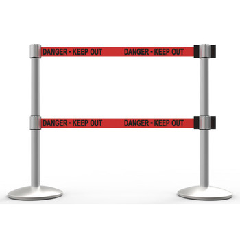 Banner Stakes 14' Dual Retractable Belt Barrier System with Bases, Matte Posts and Red "Danger - Keep Out" Belts - AL6206M-D