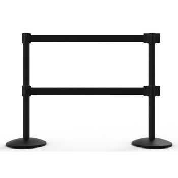 Banner Stakes 14' Dual Retractable Belt Barrier System with Bases, Black Posts and Blank Black Belts - AL6208B-D