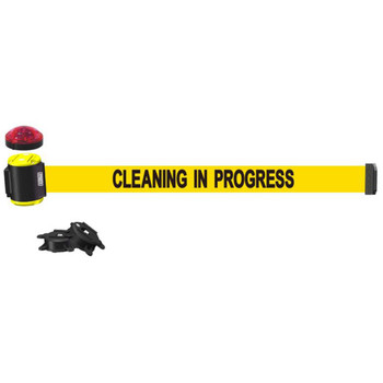 Banner Stakes 15' Wall-Mount Retractable Belt with Red Strobe Light, Yellow "Cleaning in Progress" - MH1504L