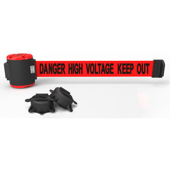 Banner Stakes 30' Wall-Mount Retractable Belt, Red "Danger High Voltage Keep Out" - MH5010
