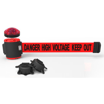 Banner Stakes 30' Wall-Mount Retractable Belt with Red Strobe Light, Red "Danger High Voltage Keep Out" - MH5010L