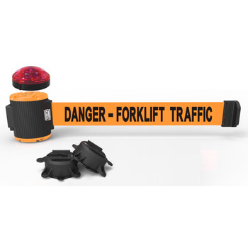 Banner Stakes 30' Wall-Mount Retractable Belt with Red Strobe Light, Orange "Forklift Traffic" - MH5013L