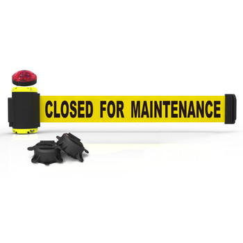Banner Stakes 7' Wall-Mount Retractable Belt with Red Strobe Light, Yellow "Closed for Maintenance" - MH7006L