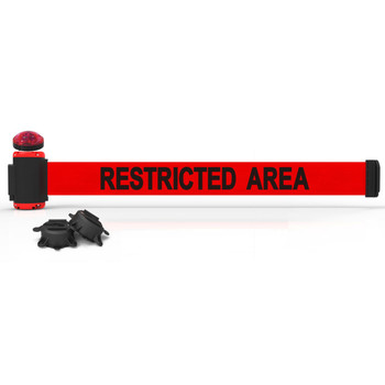 Banner Stakes 7' Wall-Mount Retractable Belt with Red Strobe Light, Red "Restricted Area" - MH7007L