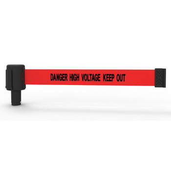 Banner Stakes 15' Long Retractable Barrier Belt, Red "Danger High Voltage Keep Out"; Pack of 5 - PL4053