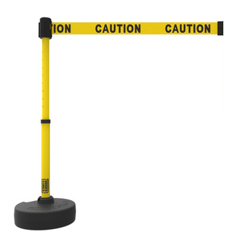 Banner Stakes Barrier Set with Stand-Alone Base, Post, Stake and Retractable Belt; Yellow "Caution" - PL4082