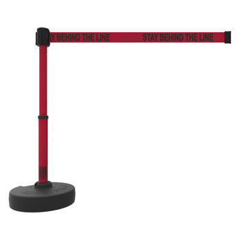 Banner Stakes Barrier Set with Stand-Alone Base, Post, Stake and Retractable Belt; Red "Stay Behind the Line" - PL4095