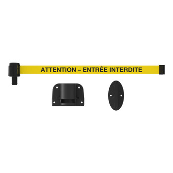 Banner Stakes 15' Wall-Mount Barrier System with Mounting Kit and Retractable Belt; Yellow "ATTENTION – ENTRÉE INTERDITE" - PL4148