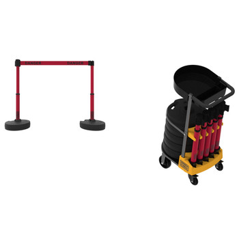 Banner Stakes 75' Barrier System with 1-Tray Cart, 5 Bases, Retractable Belts and Posts; Red Double-Sided "DANGER" - PL4162T