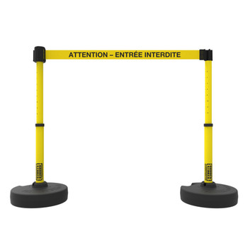 Banner Stakes 15' Barrier System with 2 Bases, Posts, Stakes and 1 Retractable Belt; Yellow "ATTENTION – ENTRÉE INTERDITE" - PL4246
