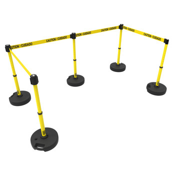 Banner Stakes 60' Barrier System with 5 Bases, Post, Stakes, and 4 Retractable Belts; Yellow "Caution - Cuidado" - PL4584