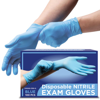 Disposable Nitrile Exam Gloves - Blue - 4 mil - Box of 100 (S, M, L, XL, 2XL)