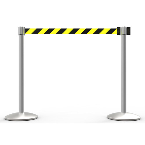 Banner Stakes 14' Retractable Belt Barrier System with Bases, Matte Posts and Yellow/Black Diagonal Stripe Belts - AL6203M