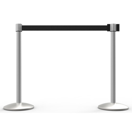 Banner Stakes 14' Retractable Belt Barrier System with Bases, Matte Posts and Blank Black Belts - AL6208M