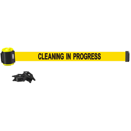 Banner Stakes 15' Wall-Mount Retractable Belt, Yellow "Cleaning in Progress" - MH1504