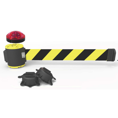 Banner Stakes 30' Wall-Mount Retractable Belt with Red Strobe Light, Yellow/Black Diagonal Stripe Belt - MH5007L