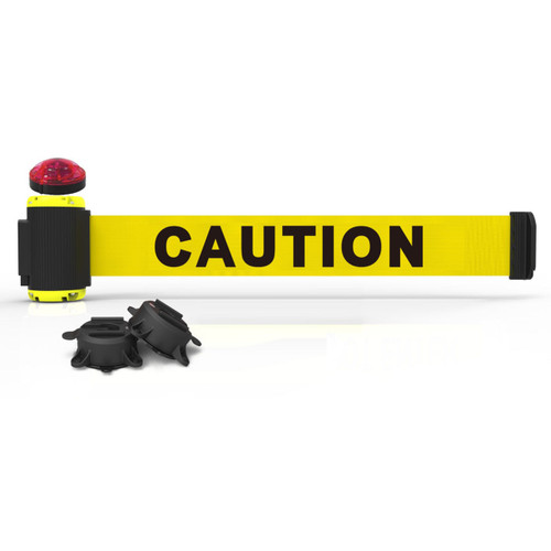 Banner Stakes 7' Wall-Mount Retractable Belt with Red Strobe Light, Yellow "Caution" - MH7001L