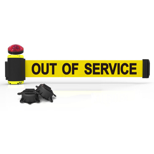 Banner Stakes 7' Wall-Mount Retractable Belt with Red Strobe Light, Yellow "Out of Service" - MH7005L