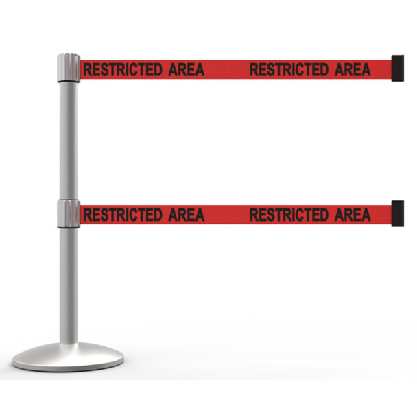 Banner Stakes 7' Dual Retractable Belt Barrier Set with Base, Matte Post and Red "Restricted Area" Belt - AL6105M-D