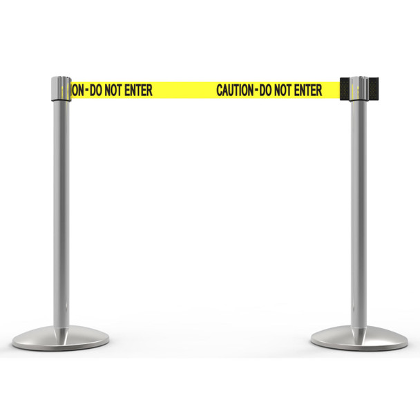 Banner Stakes 14' Retractable Belt Barrier System with Bases, Chrome Posts and Yellow "Caution - Do Not Enter" Belts - AL6202C