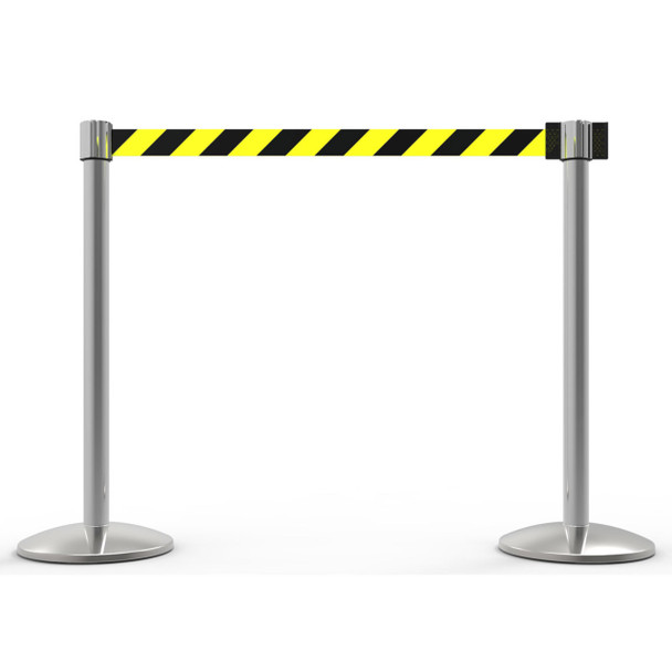 Banner Stakes 14' Retractable Belt Barrier System with Bases, Chrome Posts and Yellow/Black Diagonal Stripe Belts - AL6203C