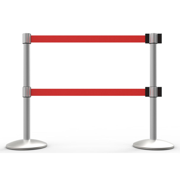 Banner Stakes 14' Dual Retractable Belt Barrier System with Bases, Matte Posts and Blank Red Belts - AL6207M-D