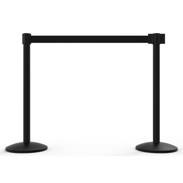 Banner Stakes 14' Retractable Belt Barrier System with Bases, Black Posts and Blank Black Belts - AL6208B