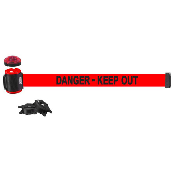 Banner Stakes 15' Wall-Mount Retractable Belt with Red Strobe Light, Red "Danger - Keep Out" - MH1509L