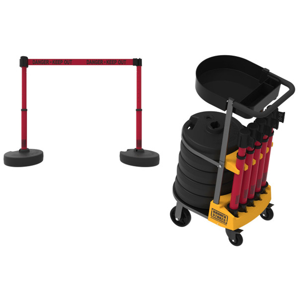 Banner Stakes 75' Barrier System with 1-Tray Cart, 5 Bases, Retractable Belts and Posts; Red "Danger - Keep Out" - PL4011T
