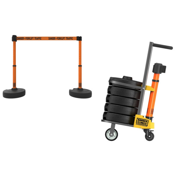 Banner Stakes 75' Barrier System with Cart, 5 Bases, Retractable Belts and Posts; Orange "Danger - Forklift Traffic" - PL4017