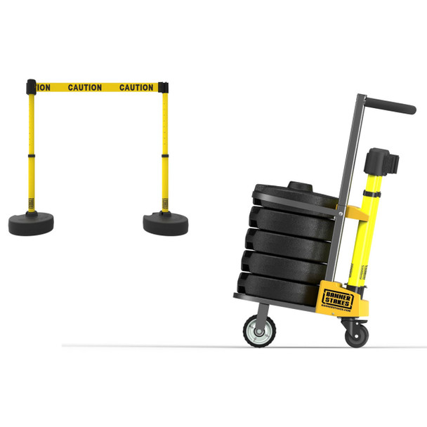 Banner Stakes 75' Barrier System with Cart, 5 Bases, Retractable Belts and Posts; Yellow Double-Sided "Caution - Do Not Enter" - PL4122