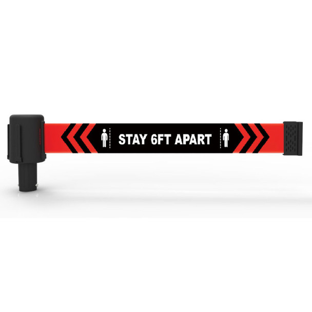 Banner Stakes 15' Long Retractable Barrier Belt, Black "Stay 6FT Apart"; Each - PL4170