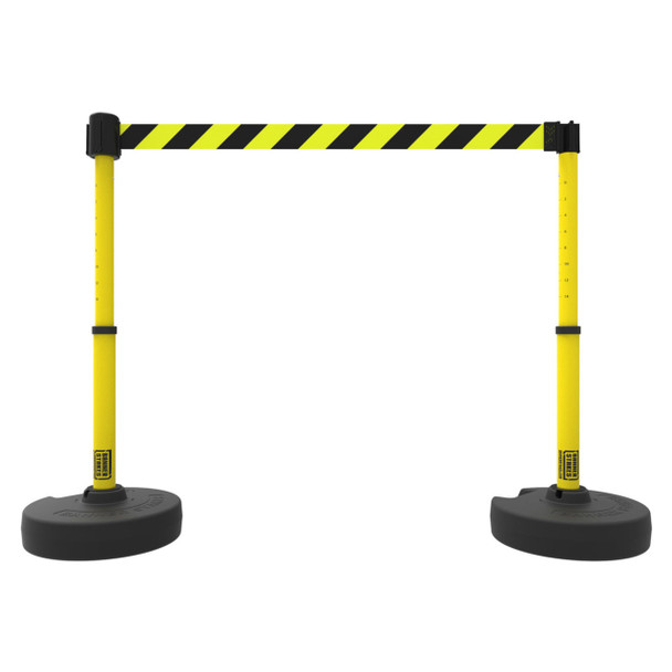 Banner Stakes 15' Barrier System with 2 Bases, Posts, Stakes and 1 Retractable Belt; Yellow/Black Diagonal Stripe - PL4291