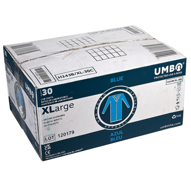 UMBO Blue Lab Coat with Velcro Closure - H243B - Box of 30