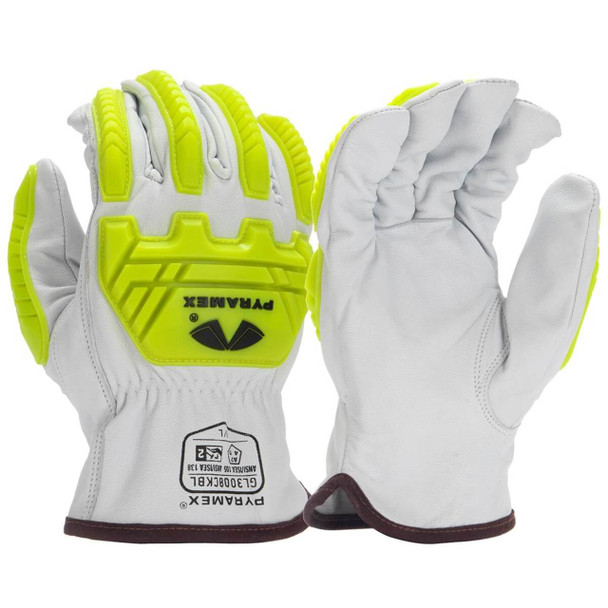 Pyramex GL3008CKB Premium Grain Goatskin Hi-Vis Leather Driver HPPE A7 Cut Level 2 Impact Gloves
