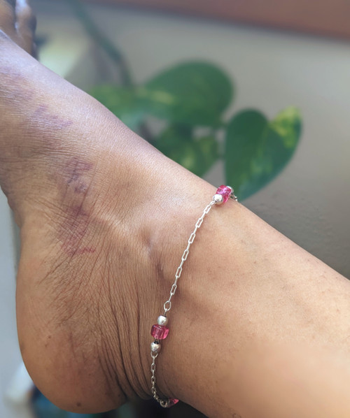 VINTAGE Italian Sterling Silver Pink Cube Bead Anklet 