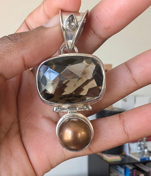 VINTAGE Sterling Silver Smoky Quartz Tear Drop & Large Glass & Faux Pearl Pendant 
