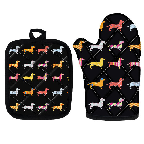 Colorful Dachshund Pot Holder and Oven Mitt Set