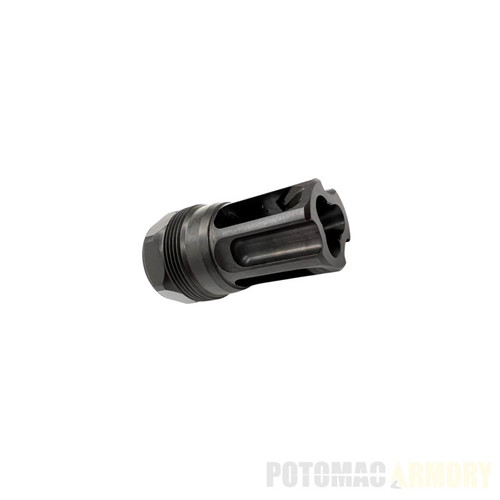 Liberty Precision Machine Eclipse Flash Hider 1/2X28 vertical view showing ports and muzzle details. LPM-2001
