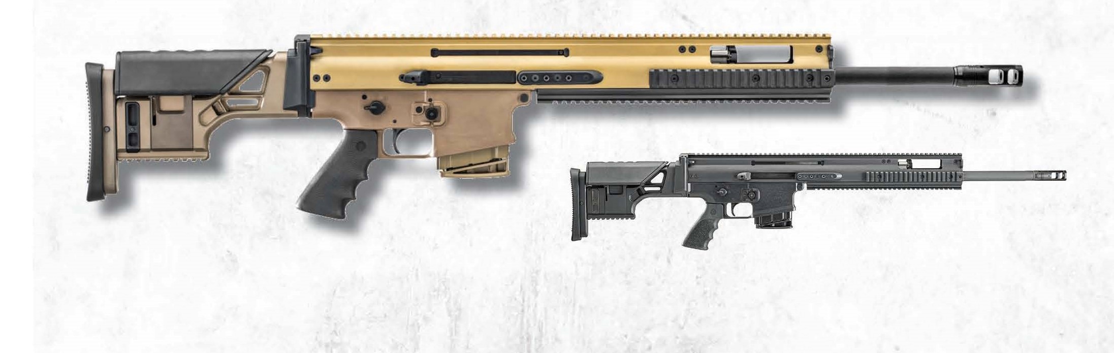 FN SCAR 20s 6.5 CM shown in black and FDE