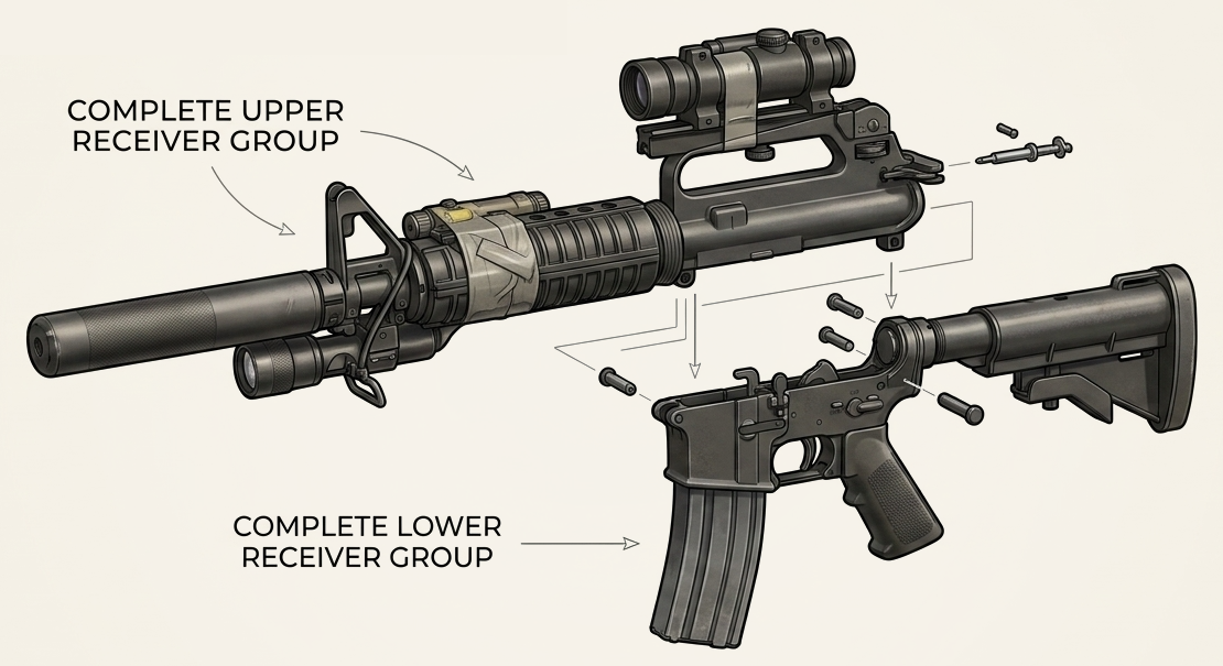 Exploded illustration showing complete upper receiver group and complete lower receiver group