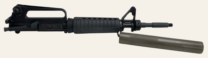 A2 Delta Carbine upper with M4-Delta suppressor detached to expose barrel and collar relationship