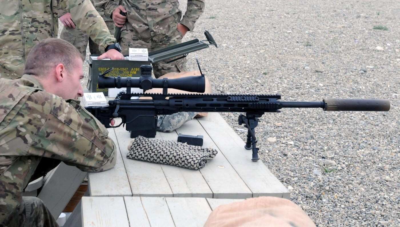 U.S. Army soldier fires the XM2010 Enhanced Sniper Rifle at Bagram Air Field, Afghanistan, 2011