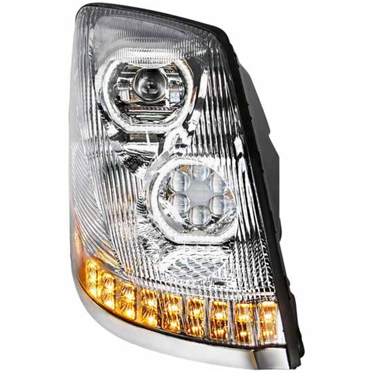 Chrome LED Headlight W/ Amber LED Turn Signal, White Halo Position